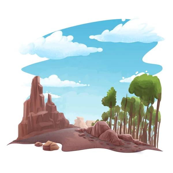 Illustration Paysage Avec Des Roches Des Arbres Montagnes — Image vectorielle