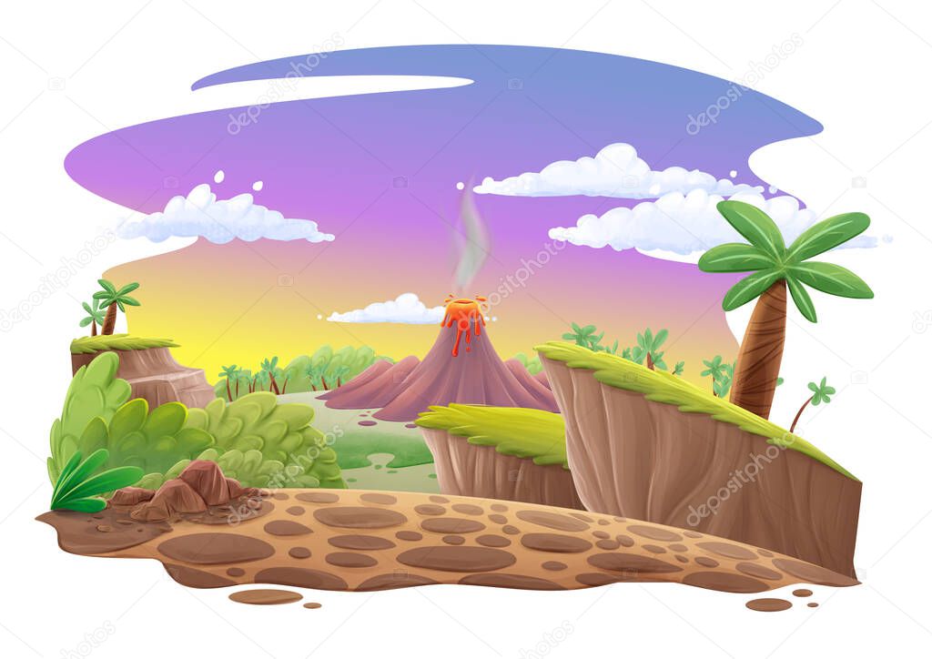 Jurassic landscape illustration with cliff mountains and trees palm