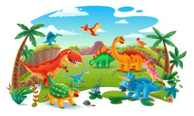 Dinozorlu karikatür sahnesi, vektör illüstrasyonu