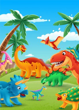 Dinozorlu karikatür sahnesi, vektör illüstrasyonu