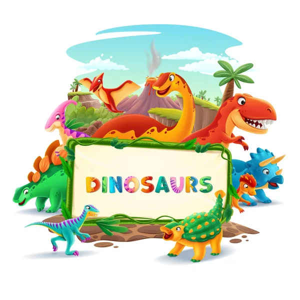 带有Dinosaus的卡通场景 矢量插图 — 图库矢量图片