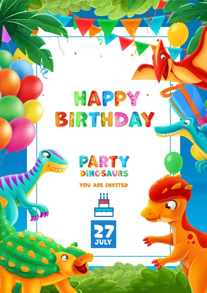 Αφίσα Πρόσκλησης Πάρτι Γενεθλίων Δεινόσαυρους Και Μπαλόνια — Διανυσματικό Αρχείο