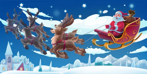 Père Noël Avec Sac Cadeaux Volant Dans Traîneau Illustration Vectorielle — Image vectorielle