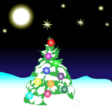 Yeni yıl manzarası. Ormandaki Noel ağacı karda. Ay ve yıldızlar. 2022