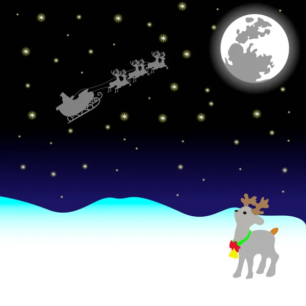 Nouvel An 2022 Le Père Noël dans un traîneau avec des rennes vole vers la lune Noël — Image vectorielle