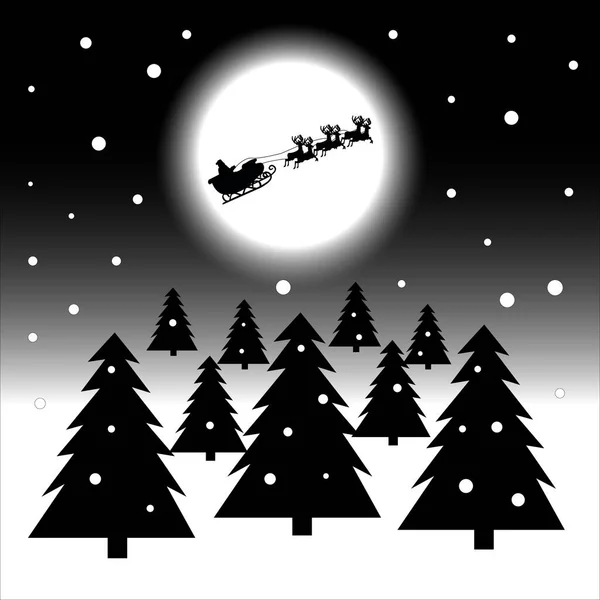 New Year 2022 Santa Claus on a sleigh with reindeer Gray moon Christmas Trees Night black white silhouette — Image vectorielle