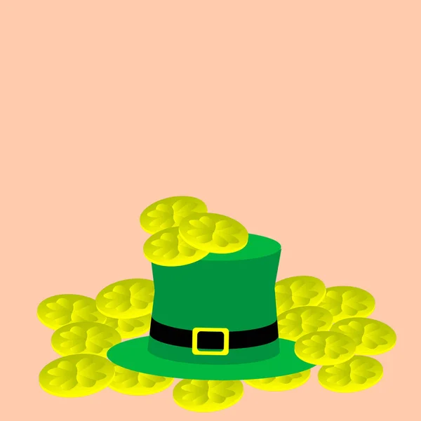 Patricks Day Leprechaun Hat Coins Money Gold Clover Green — Stock Vector