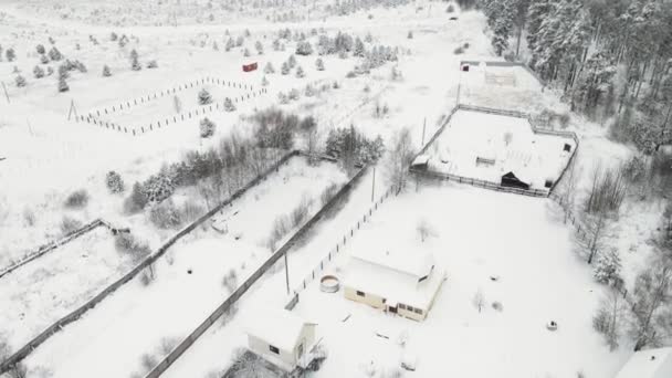 Fantasticky zasněžené zimní pole a vesnice, letecký pohled. — Stock video