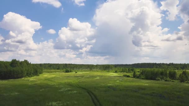 Wide-angle panorama of a blue sky with clouds over a green field. — Stock Video