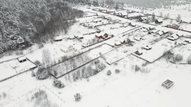 Magnifiquement enneigé champ d'hiver et village, vue aérienne. — Video