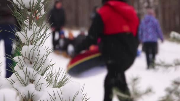 Дети весело скачут с холма на трубах со склона в дефокус. — стоковое видео