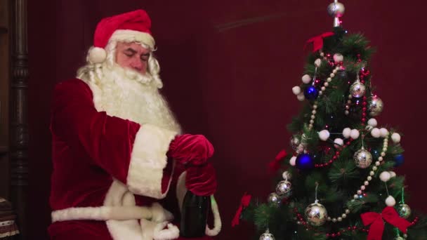 Jolly Santa Claus opent een fles champagne en feliciteert. — Stockvideo