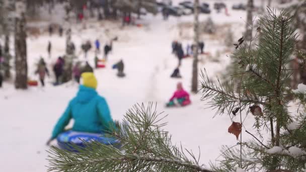 Children ride downhill on tubing from the slope in defocusing fun. — Stock Video