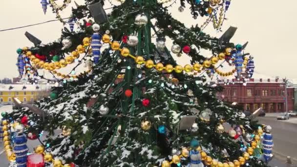 街路樹の緑の枝にガーランドを輝くクリスマスツリー. — ストック動画