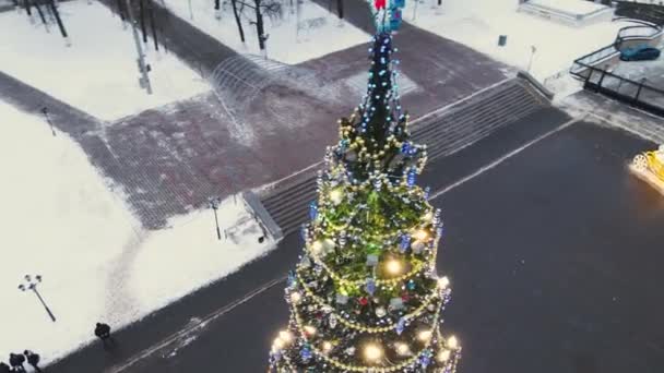 Beautiful glowing lights on the ornate branches of a street Christmas tree. — Stock Video