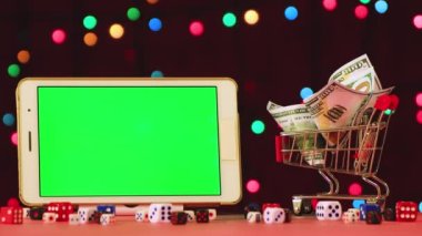 Yeni yıl video ekran koruyucu tableti, kroma anahtarı ve bir sepet dolar.. 