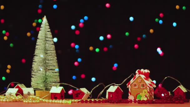 New Years video screensaver white tree, gingerbread house and garland. — Stock Video