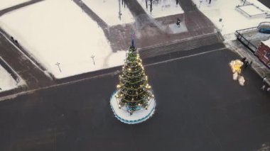 Güzel, zeki, narin, şehir meydanında yeni yıl ağacı..