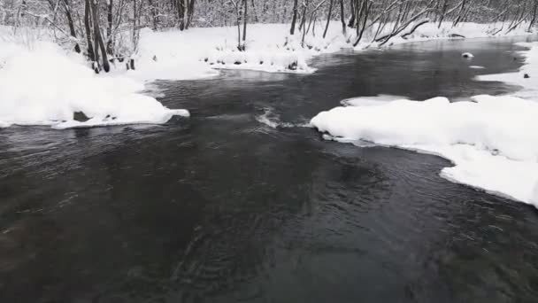 Fantástica paisagem de inverno com um rio sem gelo, vista aérea. — Vídeo de Stock