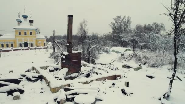 Calm winter rural landscape with a stove, on the ashes, aerial view. — Stok video
