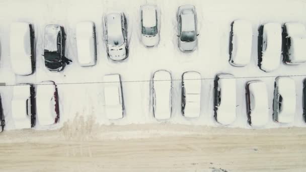 Samochody przejeżdżają przez parking pokryty białym śniegiem po śnieżycy. — Wideo stockowe
