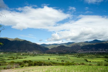 Ekvador manzarası şeker kamışı plantasyon mavi gökyüzü ve dağlar loja ekvatoru