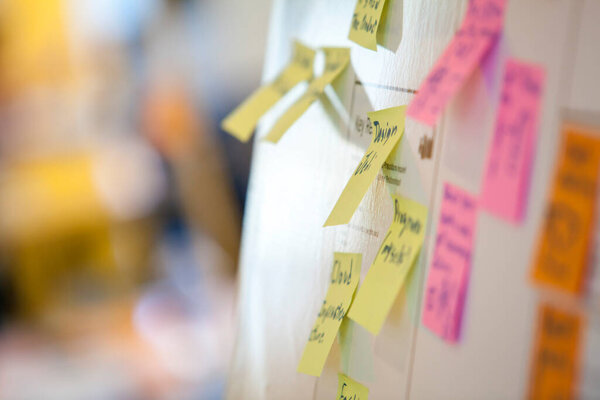 close up sticky post it notes on whiteboard think tank brainstorm design