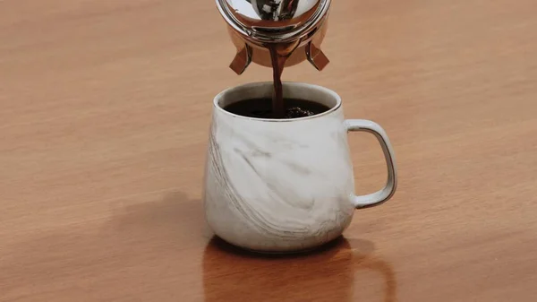 Black Specialty Coffee Being Served Mug Wooden Table — Stock Photo, Image