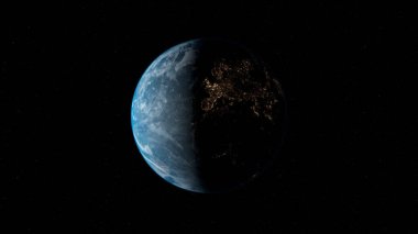 Dünya uzayda. Yıldızlı arka plan. Kozmik güneş yıldızları.