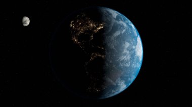 Dünya ve Ay uzay yıldızlı arka planda kozmik güneş yıldızları