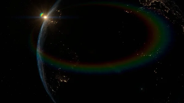 Dünya uzayda. Yıldızlı arka plan. Kozmik güneş yıldızları.