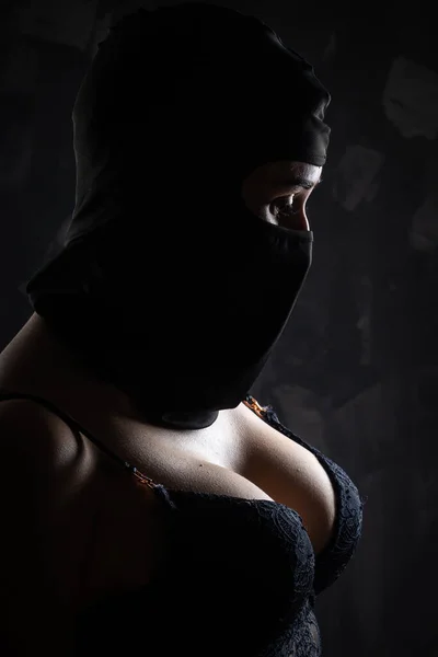 Portrait Girl Black Balaclava Black Bra Shot Studio Dark Background — Stock Fotó