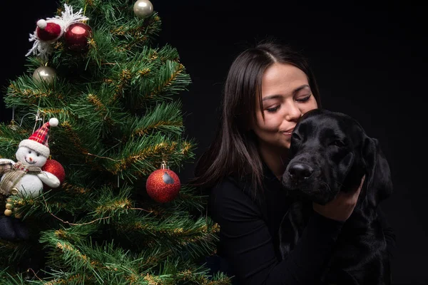 Портрет Собаки Лабрадора Хозяином Рядом Новогодним Зеленым Деревом Фотография Сделана — стоковое фото