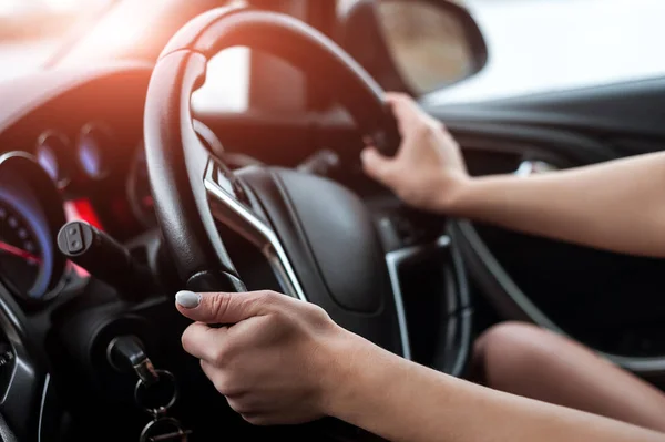 Women Hands Steering Wheel Car Taken Close Car — Stock Photo, Image