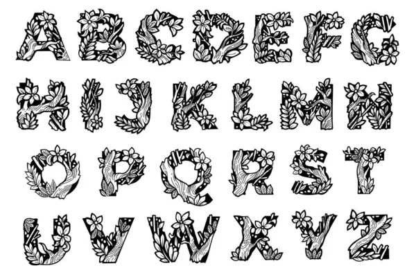 Alphabet Floral Vectoriel Dessiné Main Noir Blanc Ensemble Éléments — Image vectorielle