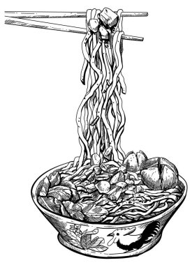 Siyah beyaz el çizilmiş tavuklu şehriye.