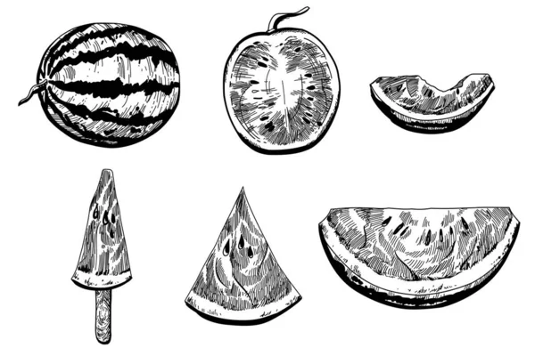 Handgetekende Vector Illustratie Watermeloen Plakjes Met Zaden Vectorset Van Zwart — Stockvector