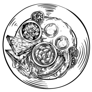 Siyah-beyaz kahvaltı el çizimi. Sabah yemeği menüsü. Tabak koleksiyonu