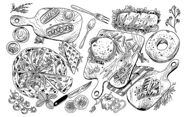 Black White Hand Drawn Illustrations Food — Stock Vector