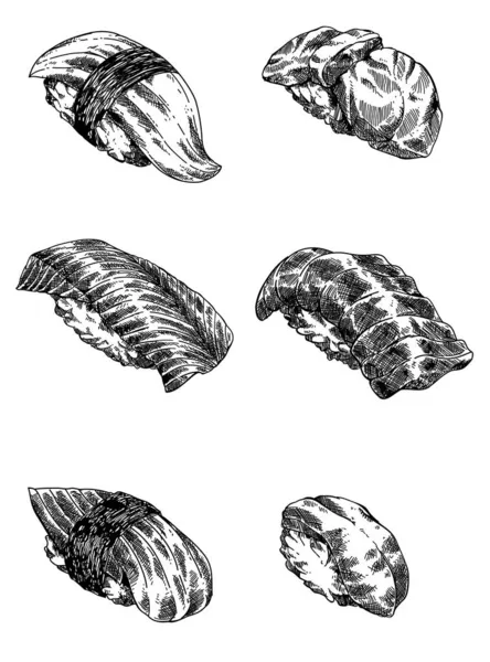 Черно Белый Набор Нигирской Суши Еды Японские Суши Ручной Рисунок — стоковый вектор