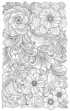 Siyah ve beyaz el çiçekli arka plan çizmiş. Resim kitabı arkaplanı. 