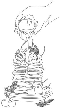 Vector vintage krep çizimi. Elle çizilmiş yemek çizimi. Çilekli, naneli, böğürtlenli ve akçaağaç şuruplu krep çizimi.