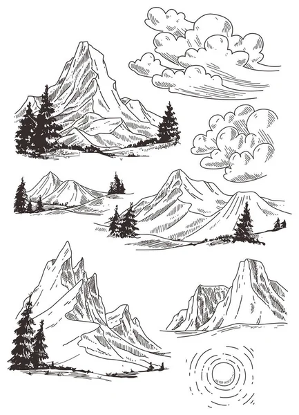 Illustration Einer Berglandschaft Schwarz Weiße Hand Gezeichnet Von Berglandschaft — Stockvektor