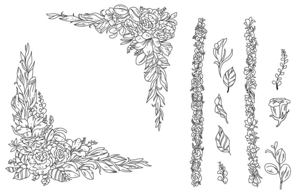 Černobílá Ručně Kreslená Sada Prvků Květina Rostliny — Stockový vektor