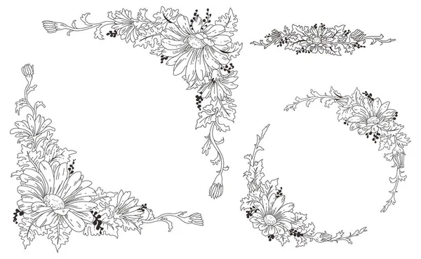 Ensemble Dessiné Main Noir Blanc Ornement Élément Fleur Patern Illustration — Image vectorielle