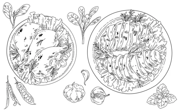 鶏の唐揚げや果物などの黒と白の手描き イラストベクトル食品 — ストックベクタ