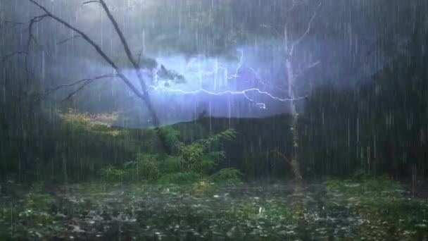 Heavy Rain Strong Thunder Forest — Stockvideo