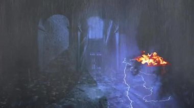 Yağmur, terk edilmiş kaleye yağar.