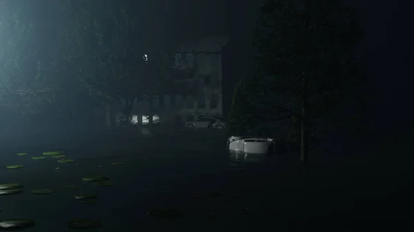 Su basmış ormanın ortasında terk edilmiş bir ev, ormanda gece görüşü, 3 boyutlu görüntüleme.