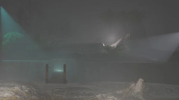 Gecenin bir yarısı kör sis ormanında bir vadi.